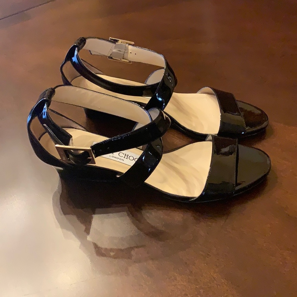 Jimmy Choo Black Patent Leather Platform Sandals 6